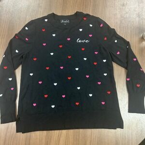 Marled Womens Heart Embroidered Love‎ Crewneck Sweater Black Medium Rayon Blend
